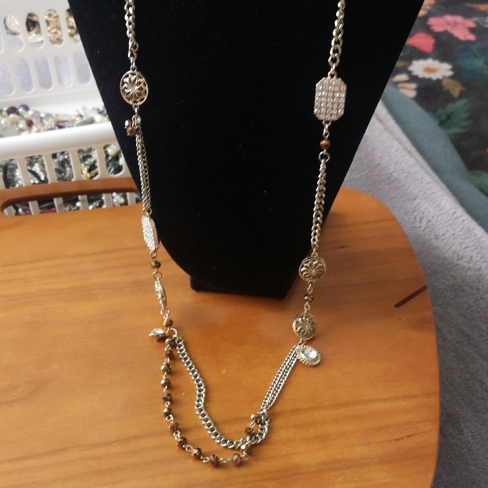 Fantastic Long JJ Gold-tone with Bling "Charms" and Crystals Necklace Length 18"